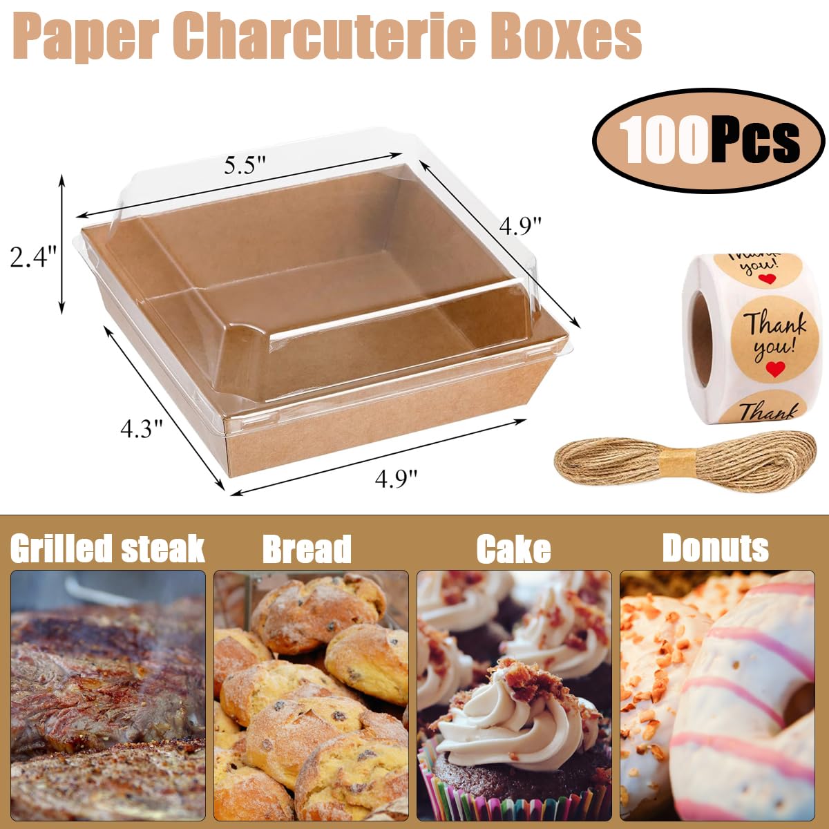 Karasmay 100 Pack Charcuterie Boxes with Clear Lids -Paper Bakery Boxes with Window，Disposable Food Containers Dessert Boxes for Sandwich，Cupcakes, Salads, Strawberries, Cookies and Dessert