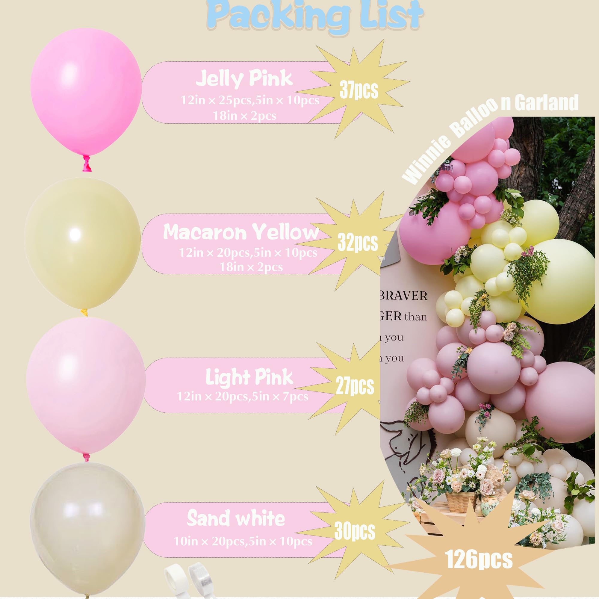 Pink and Yellow Balloon Arch, Pastel Light Pink Balloons Baby Pink Macaron Yellow Balloon Sand white Balloon Arch Kit for Birthday Baby Shower Bee Bear Theme Party Decoration