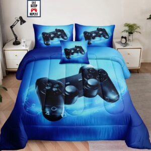 5 pieces bed in a bag for gaming bedding set,boys gamer comforter set with flat sheet,fitted sheet,pillowcases,cushion cover,game console pattern bed set for kids boys room decor a04t