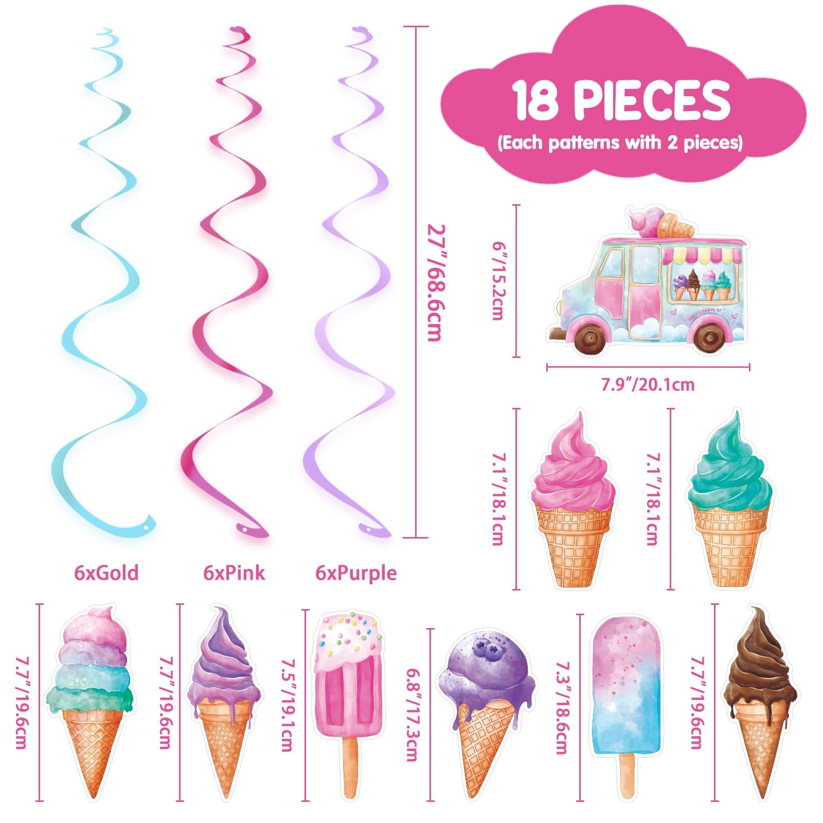 WERNNSAI 18PCS Ice Cream Hanging Swirls Party Decorations Summer Ice Cream Party Ceiling Streamers Decor Sweet Ice Cream Party Swirls Supplies for Girls Birthday Baby Shower