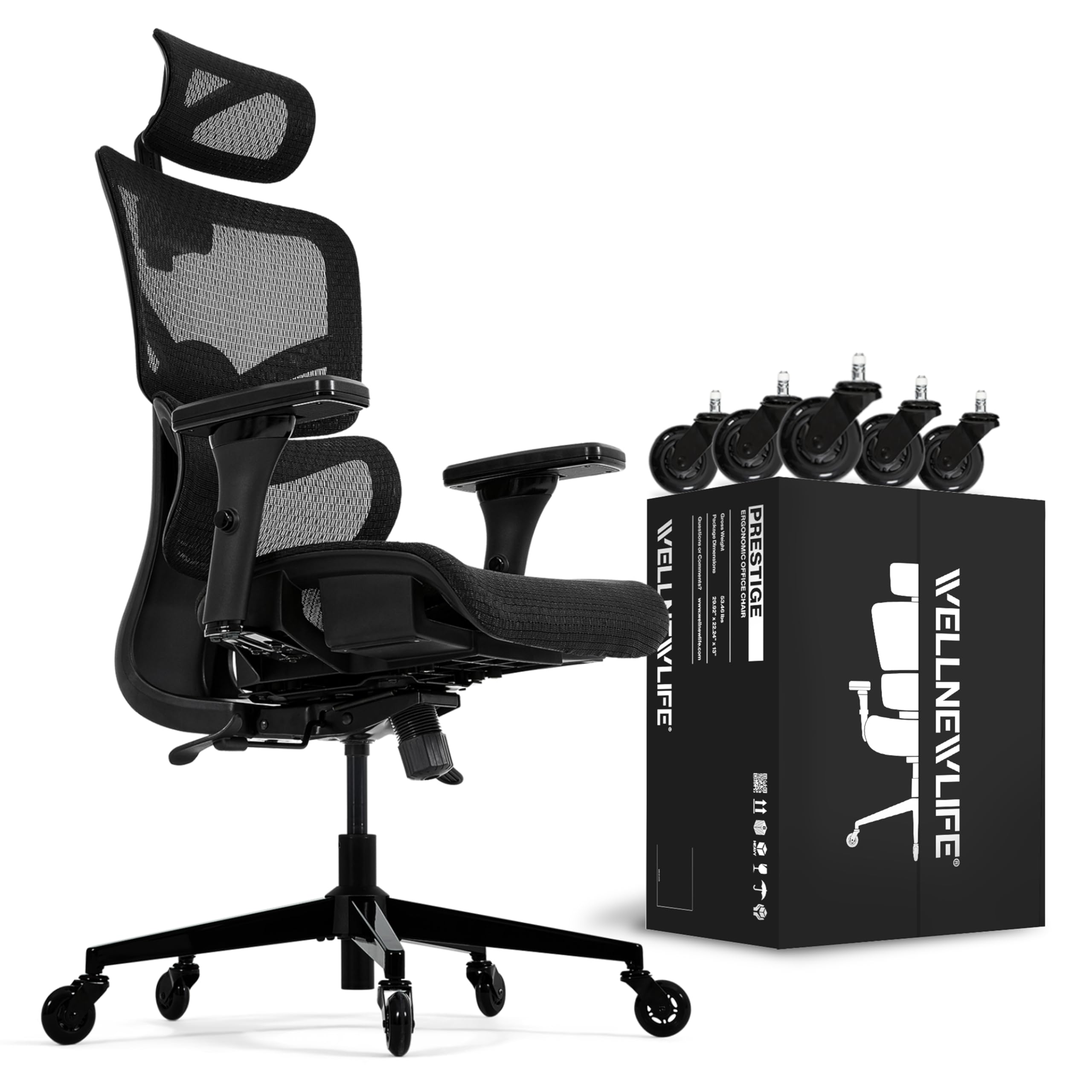 Wellnewlife Prestige Ergonomic Office Chair Adjustable Lumbar Support and Seat Depth, Mesh Office Chair with 4D Adjustable Armrest, Adjustable Headrest and Wheels, High Back Home Office Desk Chairs