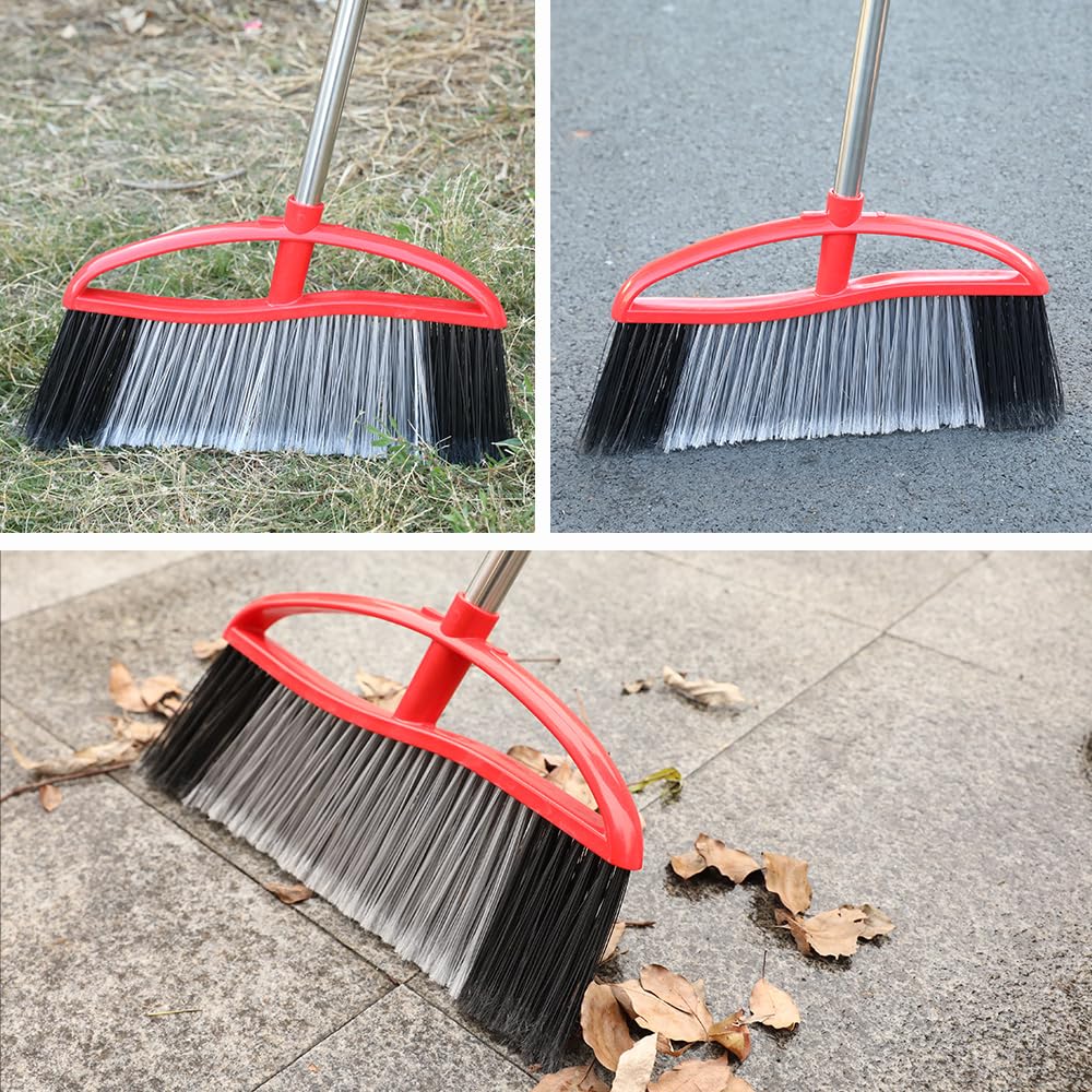 Outdoor Broom, 15.7'' Wide Heavy Duty Broom with Long Handle, Angle Broom with Stiff Bristles, Sweeping Broom for Sweeping Patio, Garden, Garage, Yard, Heavy Duty Broom (red)