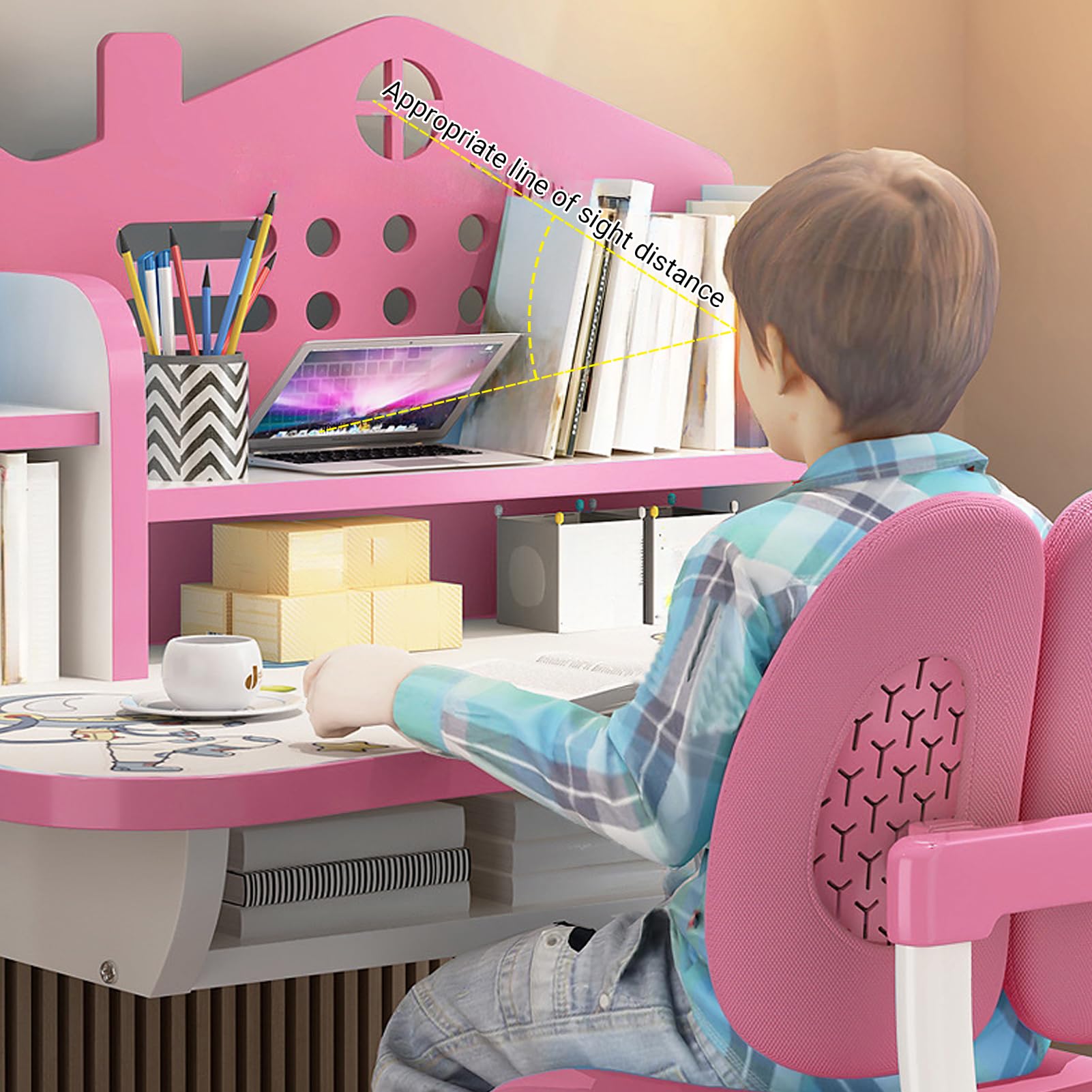 Kids Adjustable Study Desk & Chair Set, Pink Girl Desk, Child Toddler Homework Table, Princess Children Preschool Desk for Writing Homework w/Drawers, Bookshelf, Escritorio Mesas para Niña (Pink2)