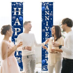 Avezano Happy Anniversary Door Banner Navy Blue Silver Anniversary Porch Signs Welcome Hanging Banner for Wedding Anniversary Party Decorations