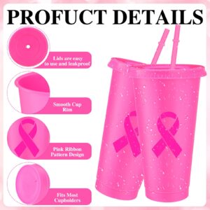 Yiyiring 12 Pcs Breast Cancer Awareness Plastic Tumblers with Lids and Straws Breast Cancer Awareness Cups Breast Cancer Water Bottle Bulk 24 oz Inspirational Ribbon Breast Cancer Cup Gift for Women