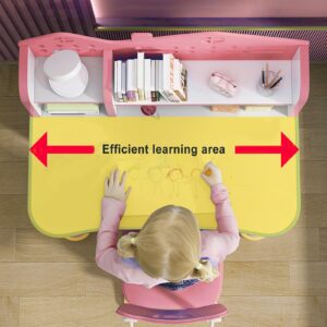 Kids Adjustable Study Desk & Chair Set, Pink Girl Desk, Child Toddler Homework Table, Princess Children Preschool Desk for Writing Homework w/Drawers, Bookshelf, Escritorio Mesas para Niña (Pink1)