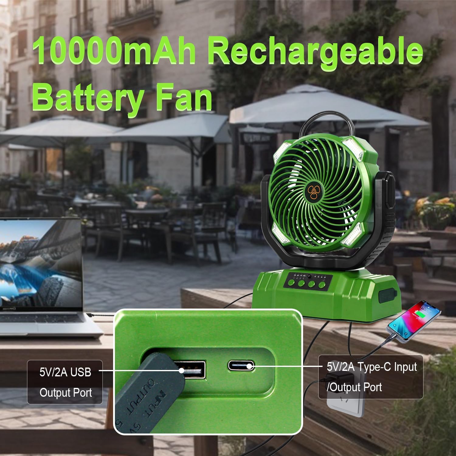 Camping Fan with LED Lantern, 10000mAh Battery Rechargeable Operated Fan, Portable Tent Fan with Hanging Hook, Remote, Oscillating, Timer, Personal Fan for Tent Car RV Hurricane Emergency (Green)