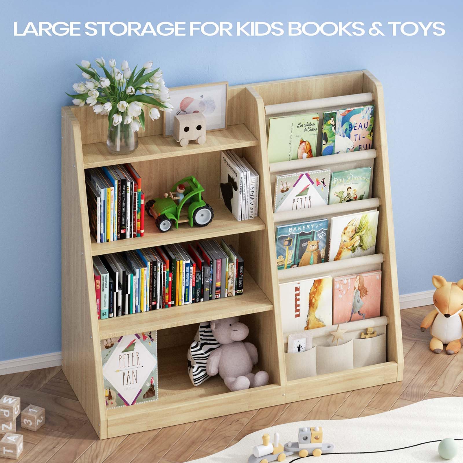 EXPERLAM Kids Bookshelf and Toy Storage Organizer, 4 Tier Wooden Kids Book Shelf with Sling Book Rack in Kids Room Playroom Nursery for Kids, Children, Toddlers