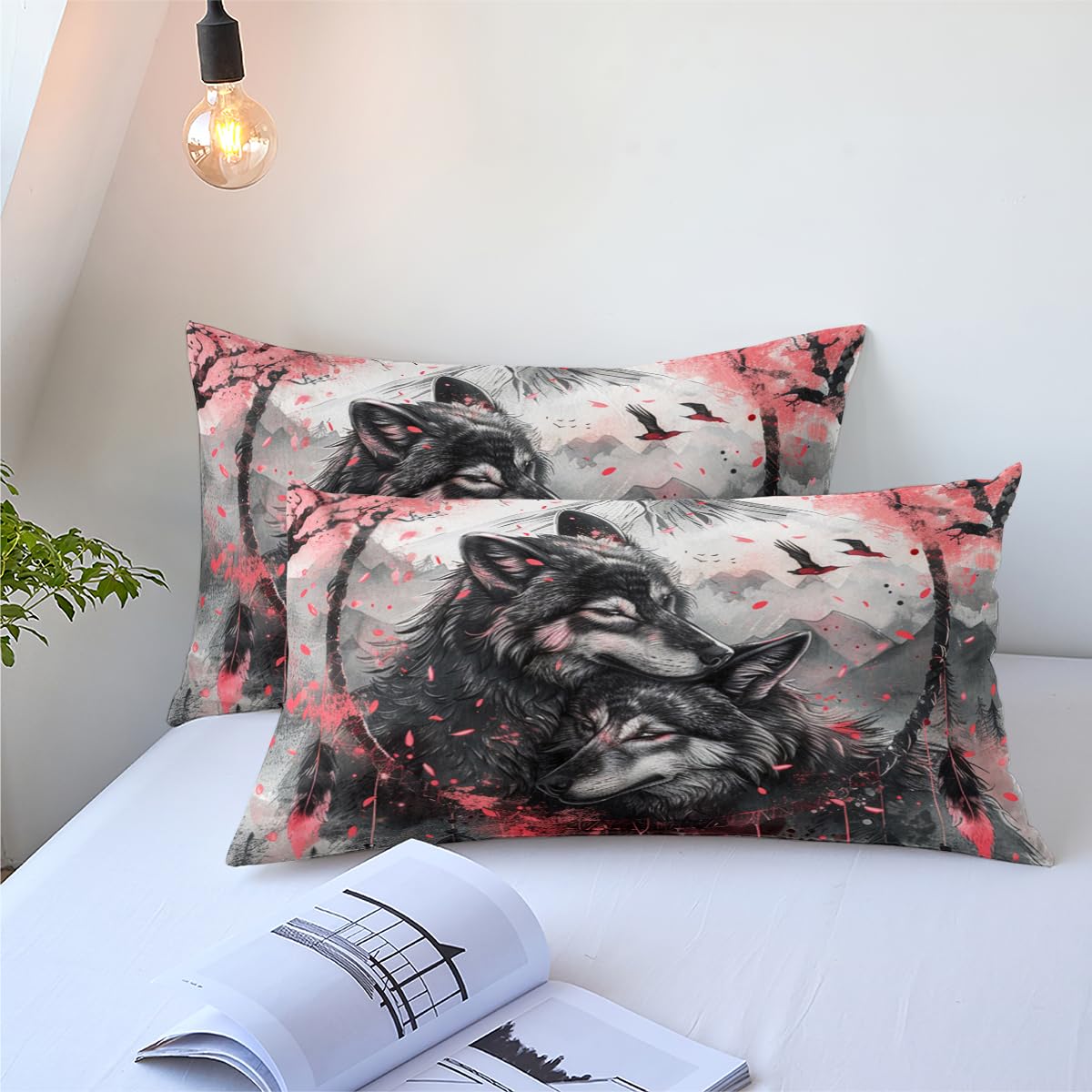 CCoutueChen Wolves Duvet Cover Set King Size Japanese Cherry Blossoms Comforter Bedding Set Retro Animal Duvet Covers for Girls Women Adults Bohemian Dream Catcher Duvet Cover with 2 Pillowcases