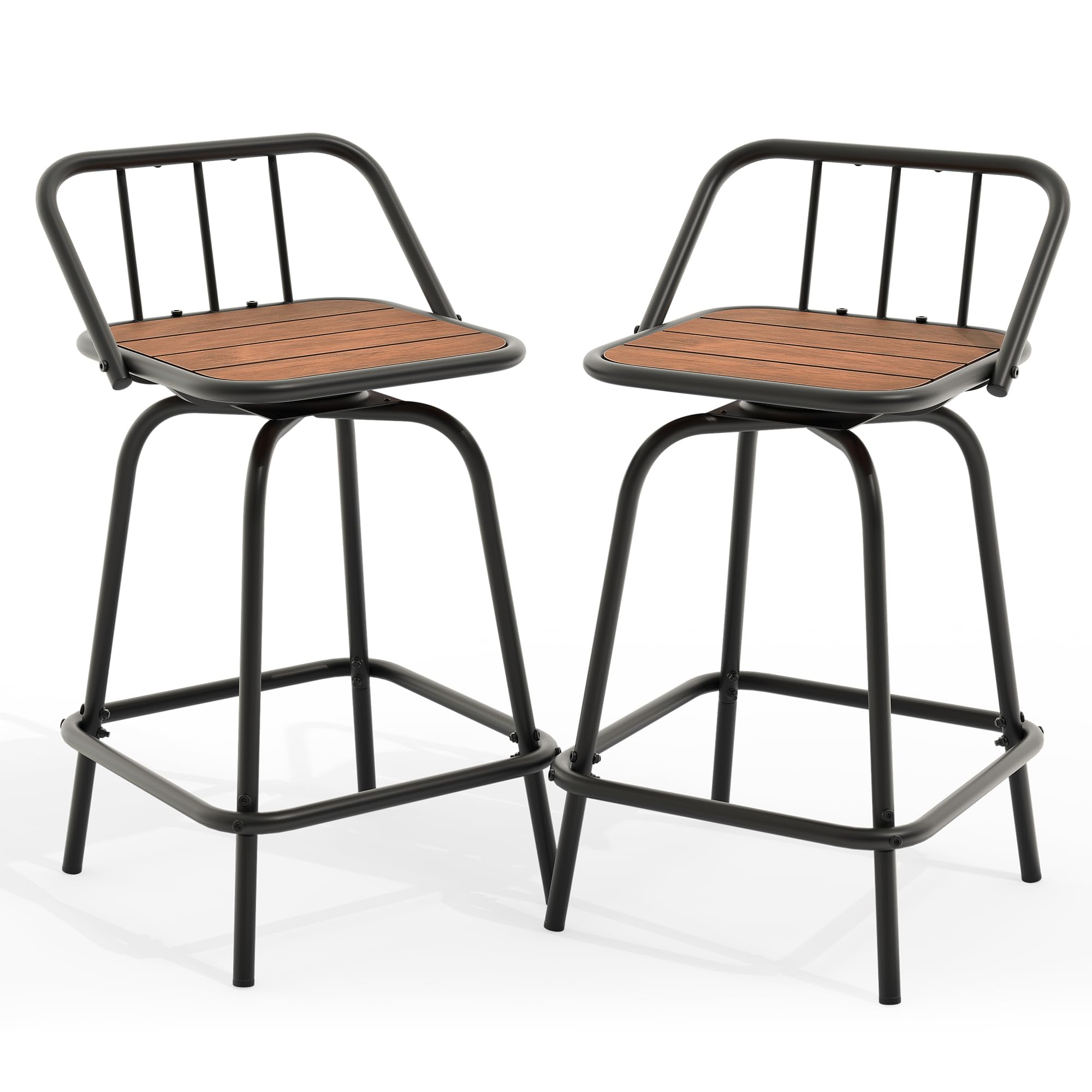 YITAHOME 24 Inches Swivel Bar Stools Set of 2, Counter Height Barstools Platic Wooden Seat with Backrests and Footrest, Industrial Metal Bar Stools for Outdoor Patio Home Kitchen