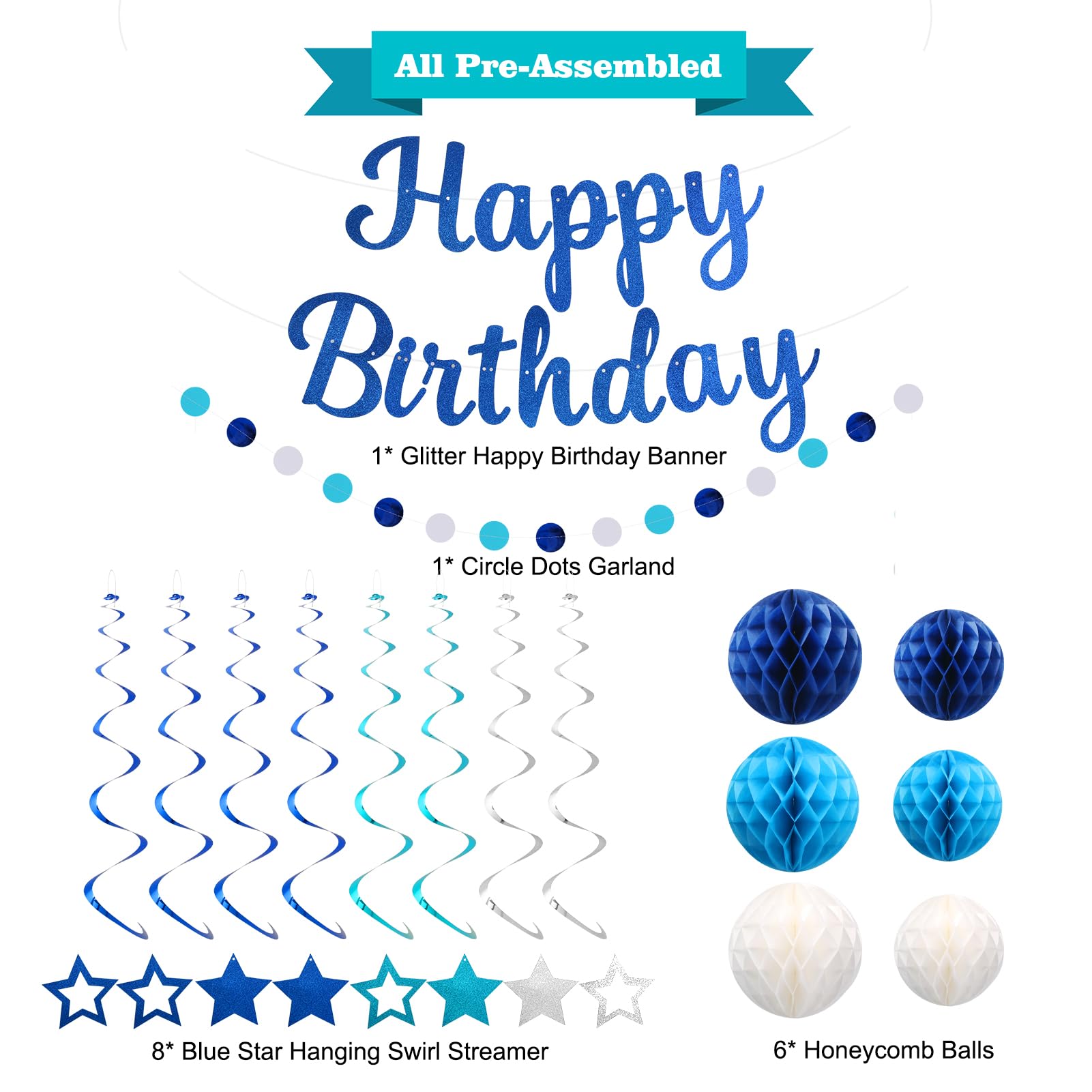 YEOCU Birthday Decorations, NO DIY, Pre-Strung Happy Birthday Banner with Honeycomb Balls, Hanging Swirls, Circle Dots Garland, Happy Birthday Party Decorations for Women Men Boys Girls (Blue)