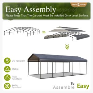 Carport Car Port Metal Canopy 12x25 ft Heavy Duty for Snow, Portable Garage Kit Shed Tent Shelter Metal Frame All Weather Outdoor for Boat with Removable Sidewalls, Dark Grey, Sophia & William