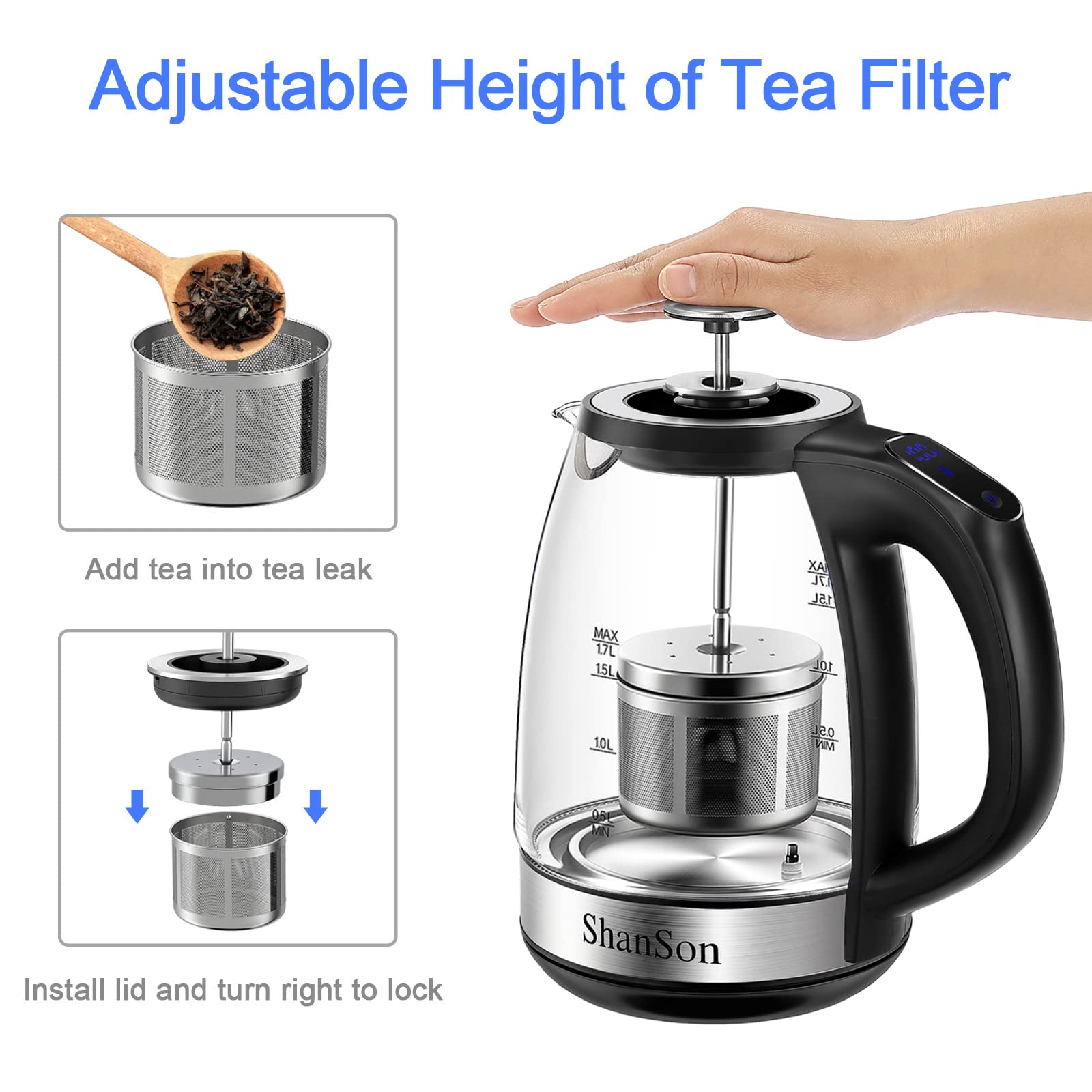 ShanSon Electric Kettle with Tea Infuser 1.7L Temperature Control Glass Electric Tea Kettle 1500W Fast Heating Water Boiler BPA Free Electric Teapot with 7 Presets Auto-Off & Boil-Dry Protection