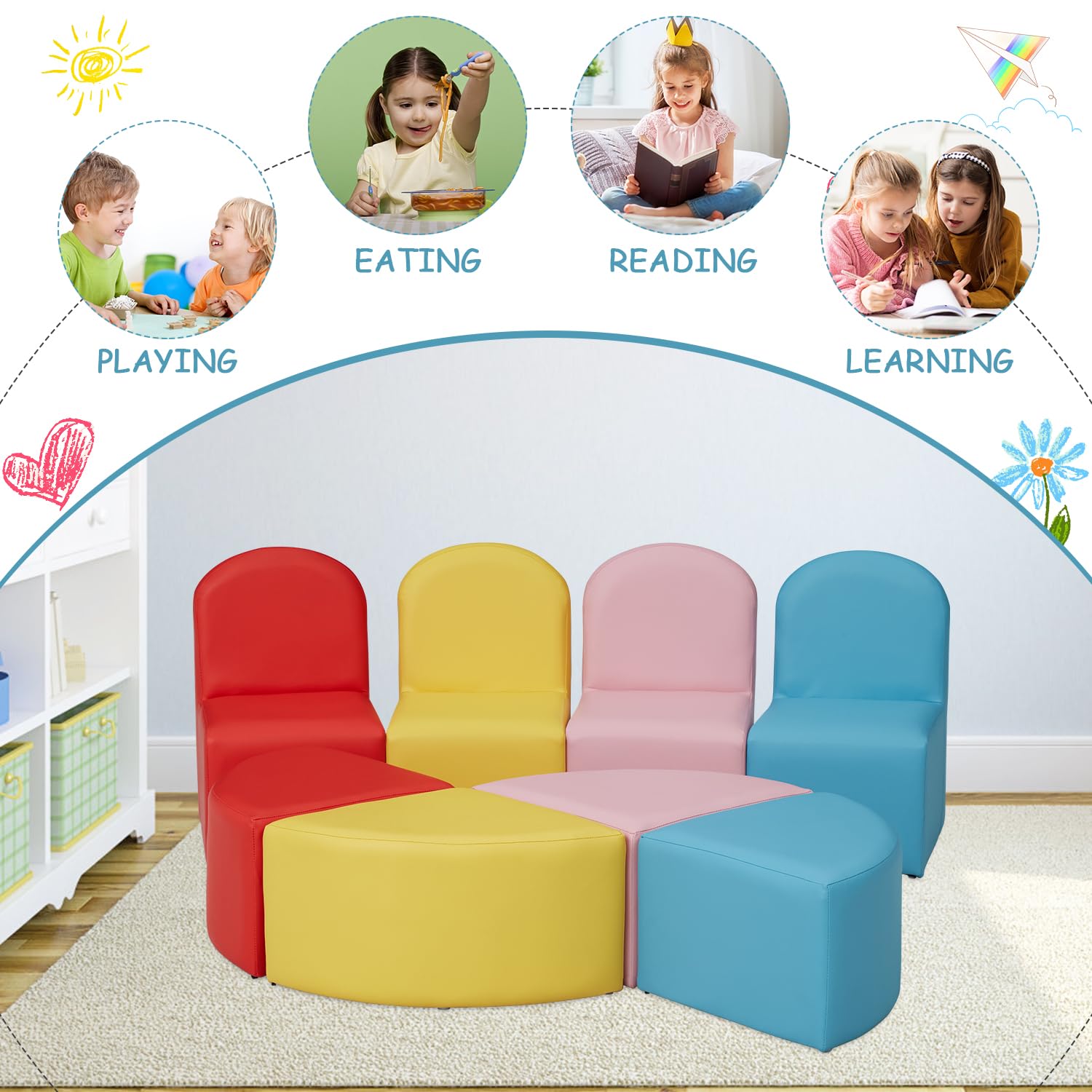 JSUN7 Kids Couch Daycare Furniture - 8 Pieces Kids Modular Flexible Seating Set with Colorful Chairs and Stools, Kids Sofa Set Leather Couch for Toddler, Playroom Preschool Classroom Home