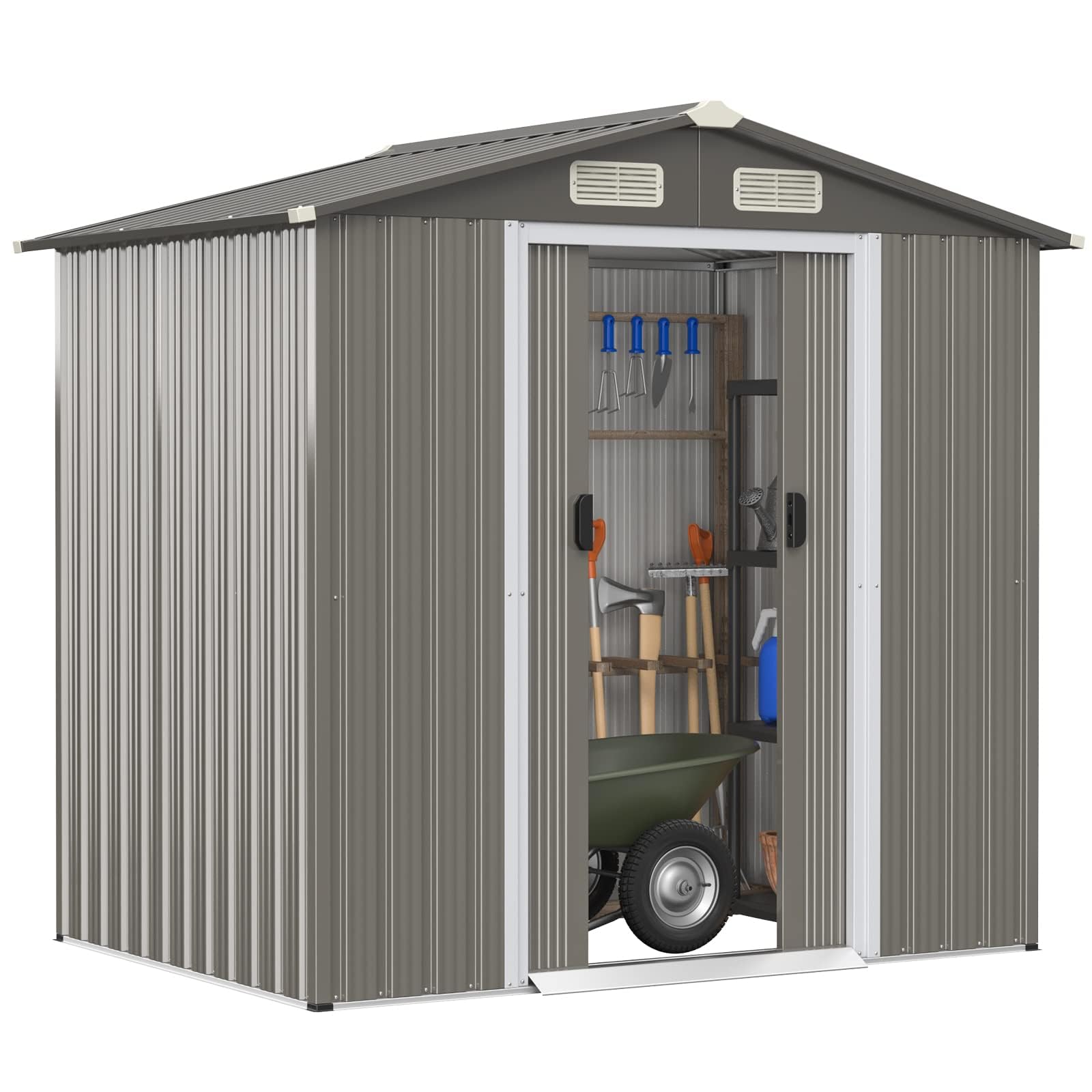 HAPPYGRILL 6' x 4' Outdoor Metal Storage Shed, Galvanized Steel Shed with Tilted Roof, Lockable Sliding Doors & 4 Air Vents, Utility Shed for Backyard Garden Patio Lawn