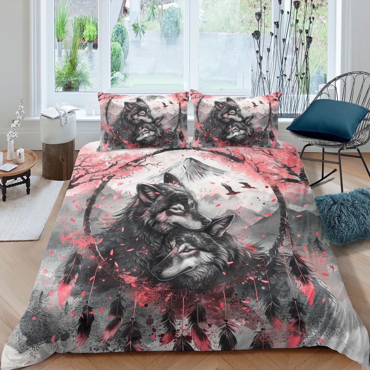 CCoutueChen Wolves Duvet Cover Set King Size Japanese Cherry Blossoms Comforter Bedding Set Retro Animal Duvet Covers for Girls Women Adults Bohemian Dream Catcher Duvet Cover with 2 Pillowcases