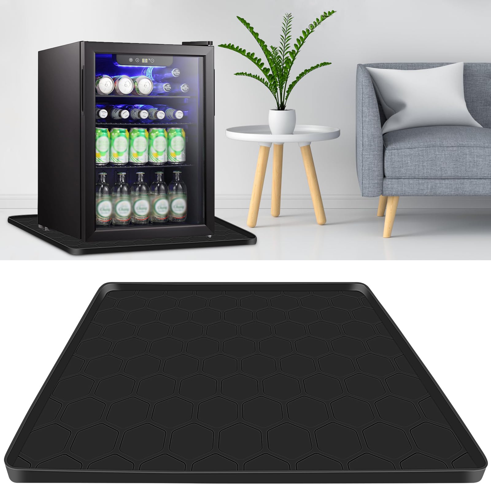 Haxmdfa Mini Fridge Silicone Mat 24''x24 X0.6'' Under Refrigerator Mat Silicone Refrigerator Floor Mat Freezer Protect From Appliance Leaks Water Spills (Black)