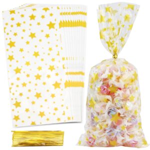 cellophane bags, 100 pcs star printed cellophane treat bags, 10.7"x 5" cello goodie bags cookie bags, clear party favor bags, plastic gift wrap candy bags with twist ties for birthday wedding bakery