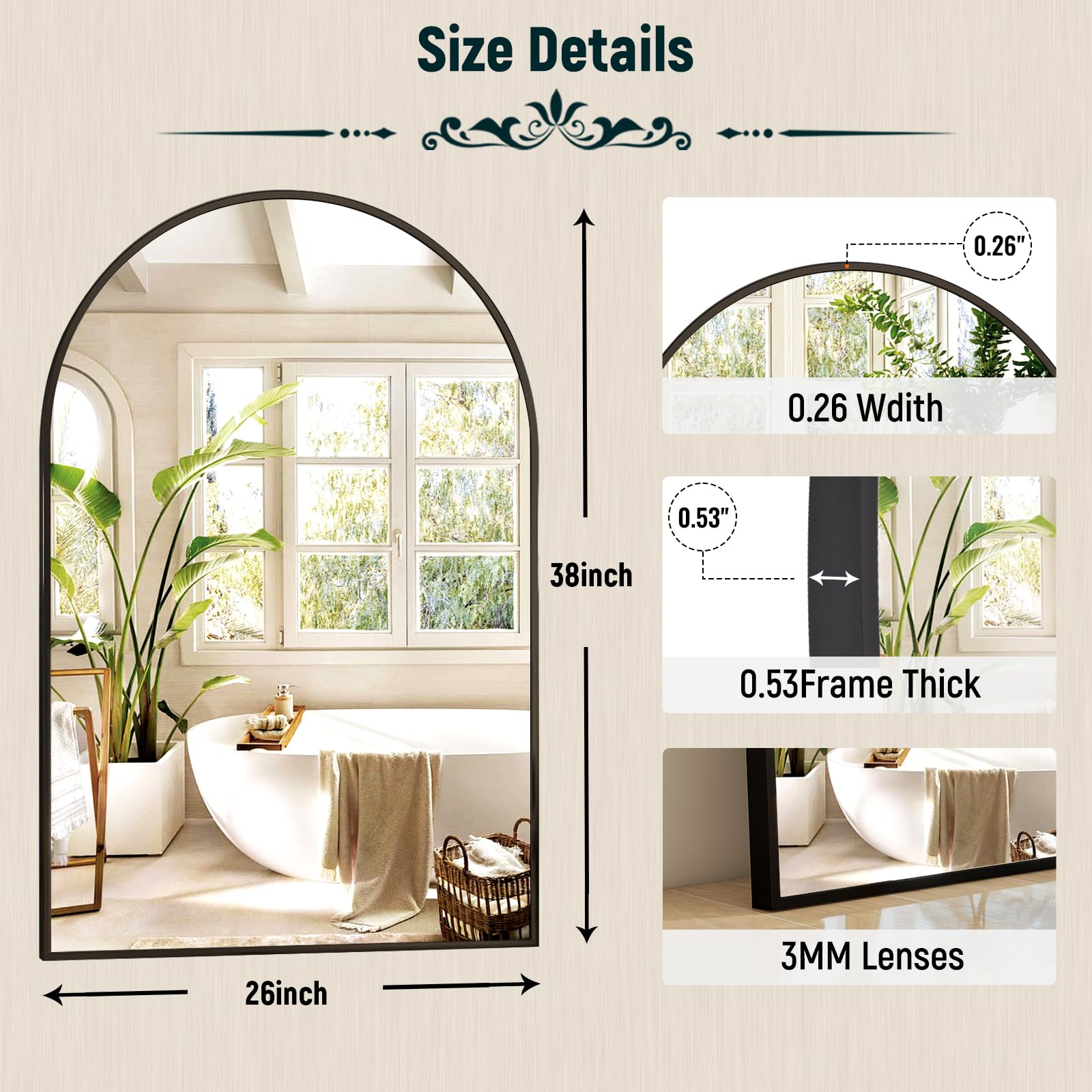 GLSLAND 26x38 inch Arch Bathroom Mirror - Arched Bathroom Mirror/Wall Mounted Vanity Mirror - Arch Metal Frame Wall Mirror for Bathroom Bedroom Living Room, Black