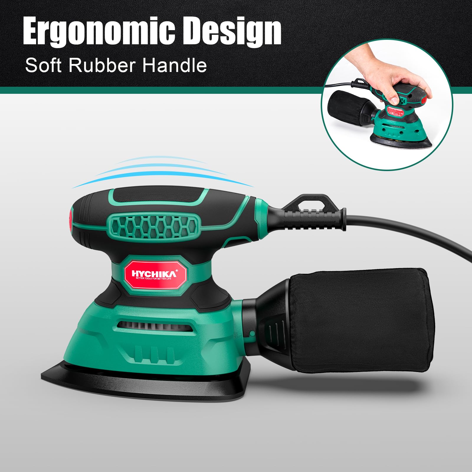 HYCHIKA Detail Sander,140W Electric Sander, up to 13000OPM, 1.2A Palm Sander Tool with 12pcs Sandpapers, with Efficient Dust Collection System, Compact Hand Sander for Woodworking.