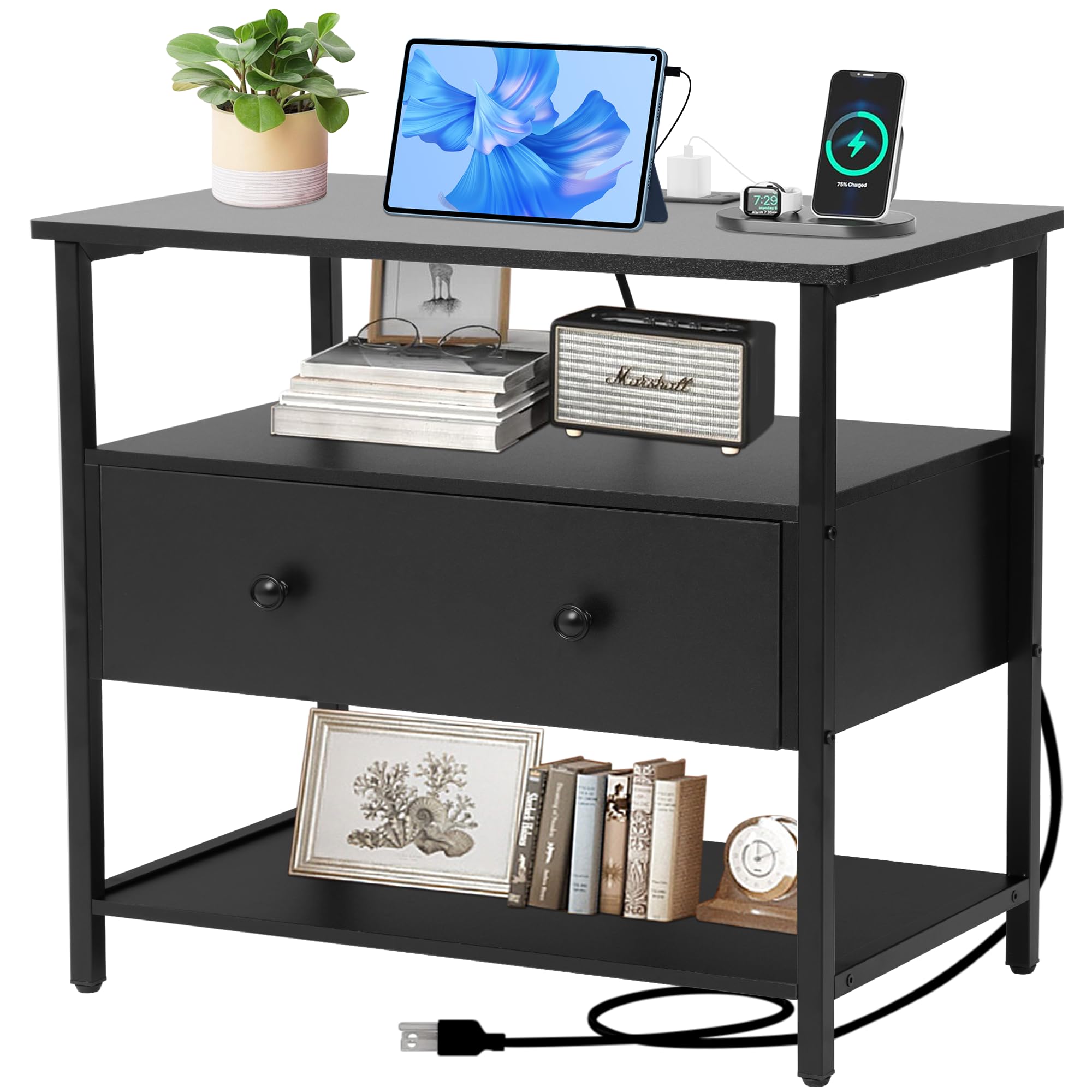 Edbuosy 27 inch Nightstand Side Table with 1 Layer of Wooden Drawers，Nightstand with Charging Station,End Table Bedside Table with USB Ports and Outlets (Black)