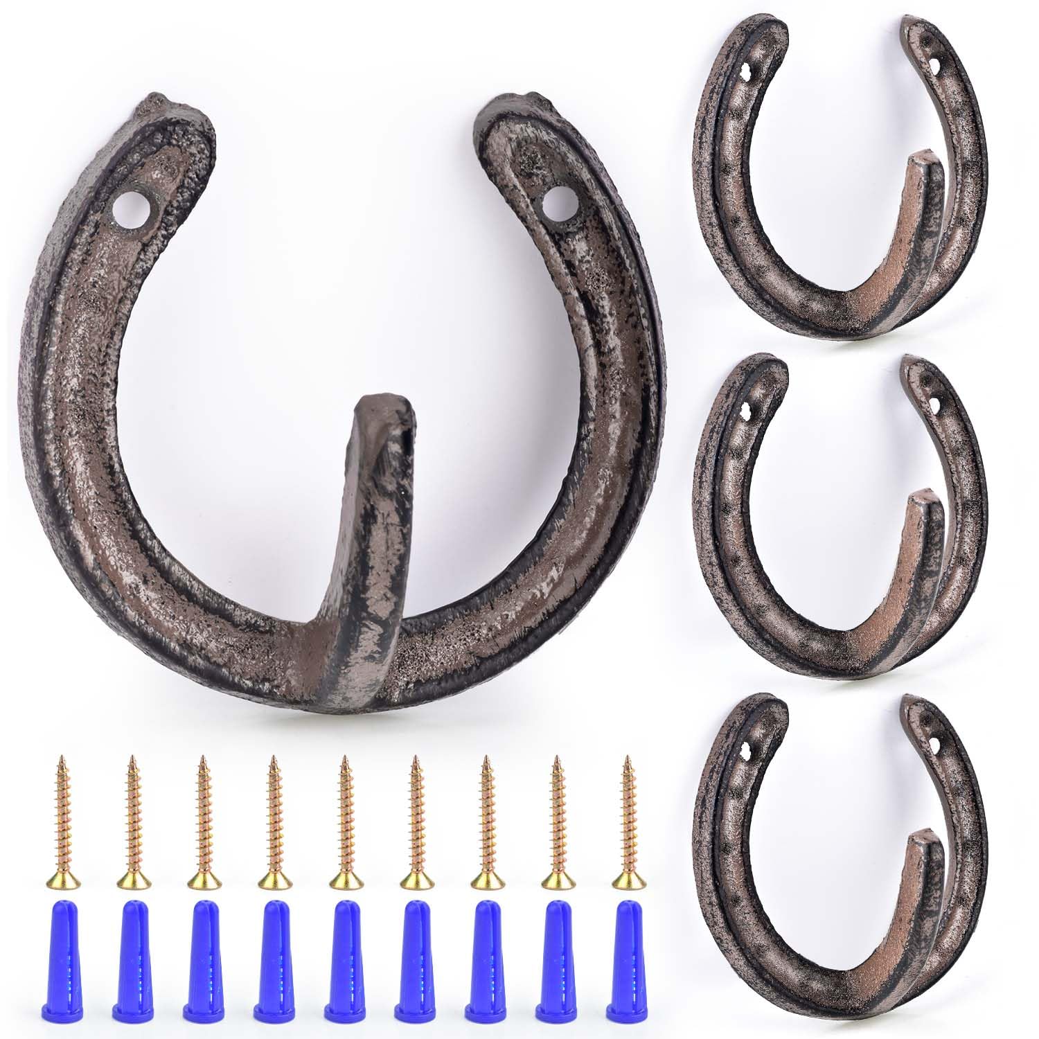 4 PCS Coat Hooks Cast Iron Wall Hooks Horseshoe Hooks Vintage Hanger for Hanging Coat Hat Bags Key Towel(Rust)