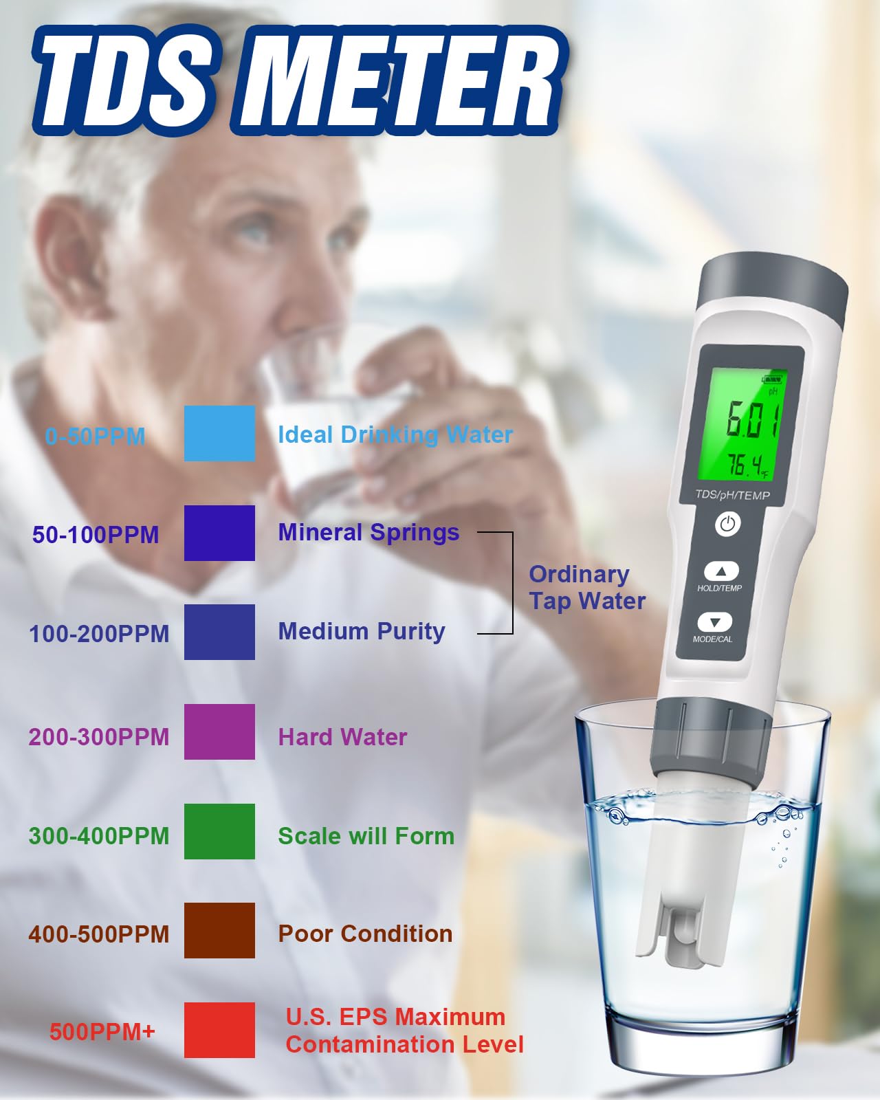 TDS/pH/Temperature 3-in-1 pH Meter for Water, 0-14 pH Measurement Range Digital pH Meter, 0.01 High Precision Water Quality Digital pH Tester with ATC, pH TDS Water Test Meter for Drinking Water