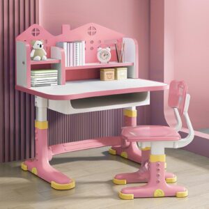 Kids Adjustable Study Desk & Chair Set, Pink Girl Desk, Child Toddler Homework Table, Princess Children Preschool Desk for Writing Homework w/Drawers, Bookshelf, Escritorio Mesas para Niña (Pink1)