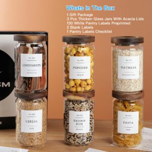 6 Set Glass Pantry Storage Jars with Acacia Airtight Lid - 23oz Thicken Glass Kitchen Canisters with 132 Pantry Labels - Clear Glass Food Storage Containers with Wood Lid for Tea,Sugar,Cookie,Coffee