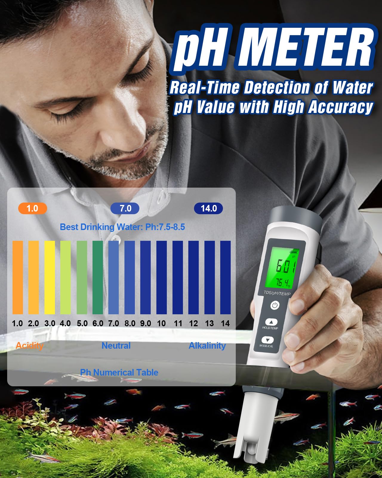 TDS/pH/Temperature 3-in-1 pH Meter for Water, 0-14 pH Measurement Range Digital pH Meter, 0.01 High Precision Water Quality Digital pH Tester with ATC, pH TDS Water Test Meter for Drinking Water