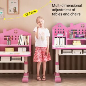 Kids Adjustable Study Desk & Chair Set, Pink Girl Desk, Child Toddler Homework Table, Princess Children Preschool Desk for Writing Homework w/Drawers, Bookshelf, Escritorio Mesas para Niña (Pink2)