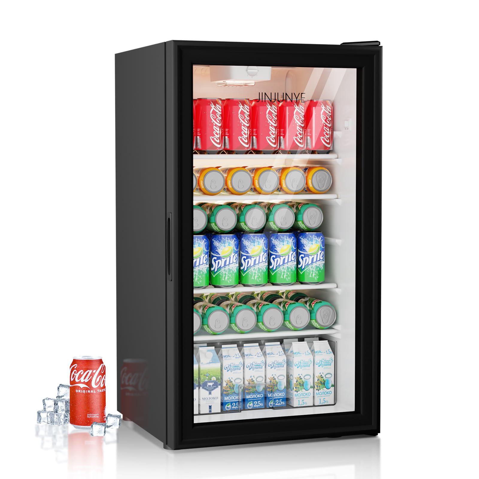 JINJUNYE Beverage Refrigerator Cooler, 128 Can 3.2Cu.ft Mini Fridge, Small Refrigerator Glass Door for Beer Drinks Soda Wine, Beverage Fridge with Adjustable Removable Shelves for Home Office Bar