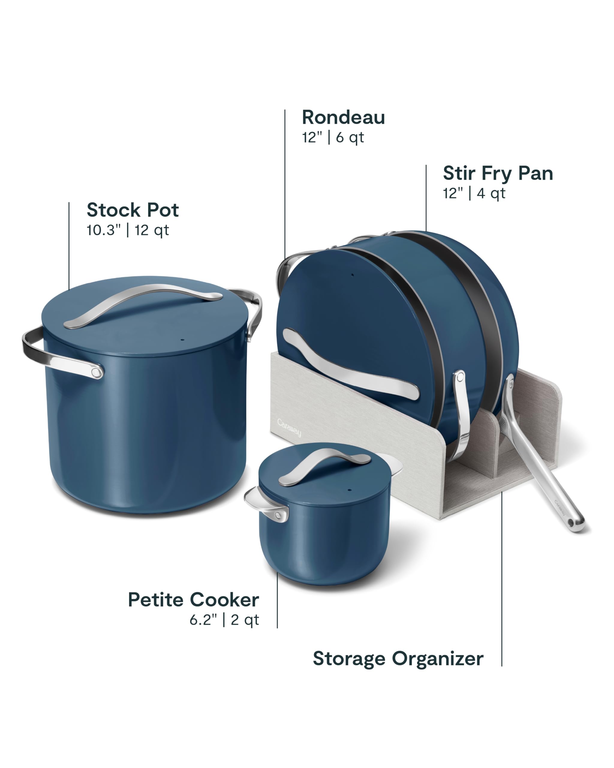 Caraway Cookware+ Collection - Specialty Cookware Set - Petite Cooker, Stir Fry Pan, Rondeau, & Stock Pot - 3 Lids & Storage Organizer Included - Navy