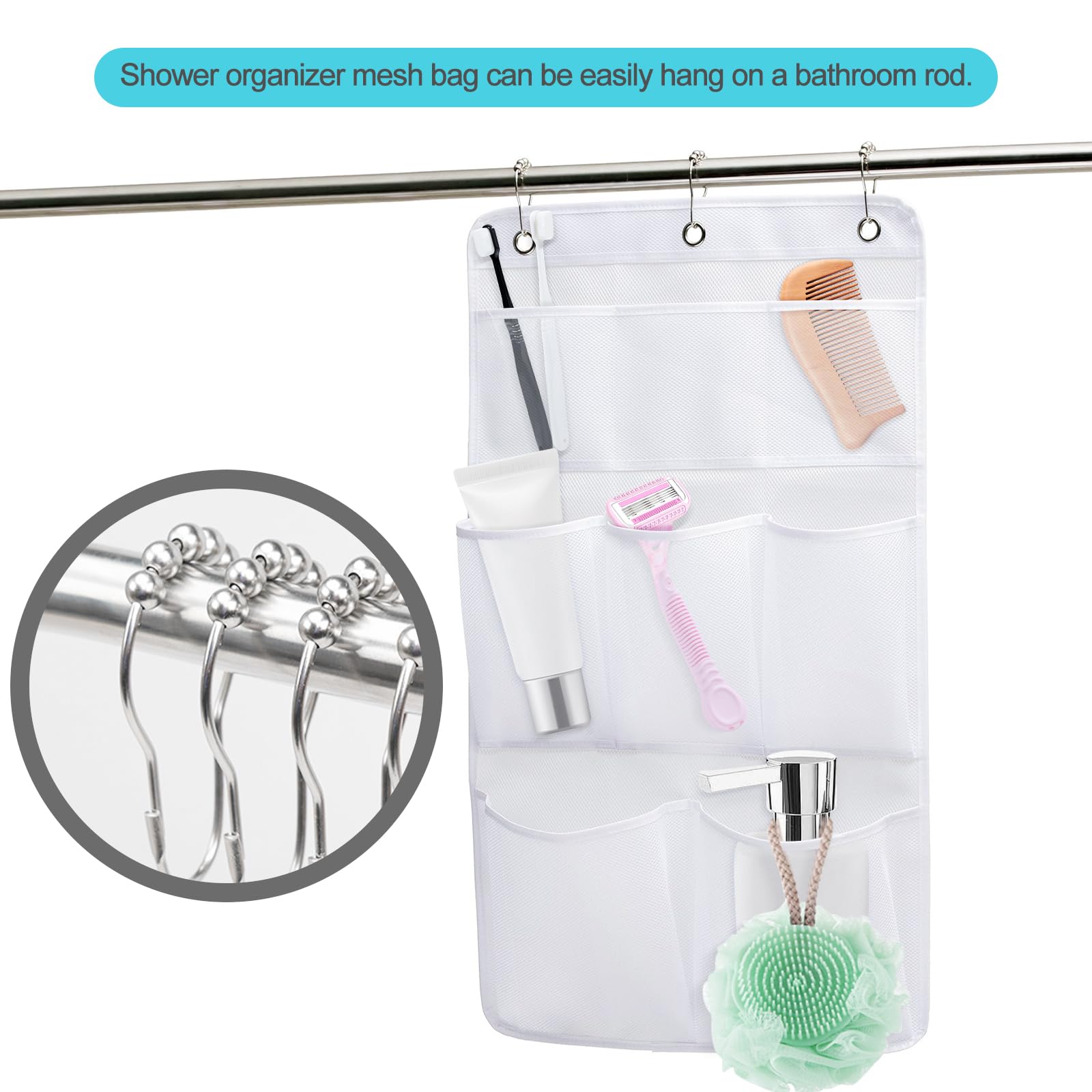 1 Pack Small Mesh Shower Caddy Hanging Hook for Cruise Ship Essentials Over Door Shower Caddy Organizer Quick Drying for Travel College Dorm,Gym,RV Camper Bathroom,8 Pockets for Shampoo,Soap(Black)