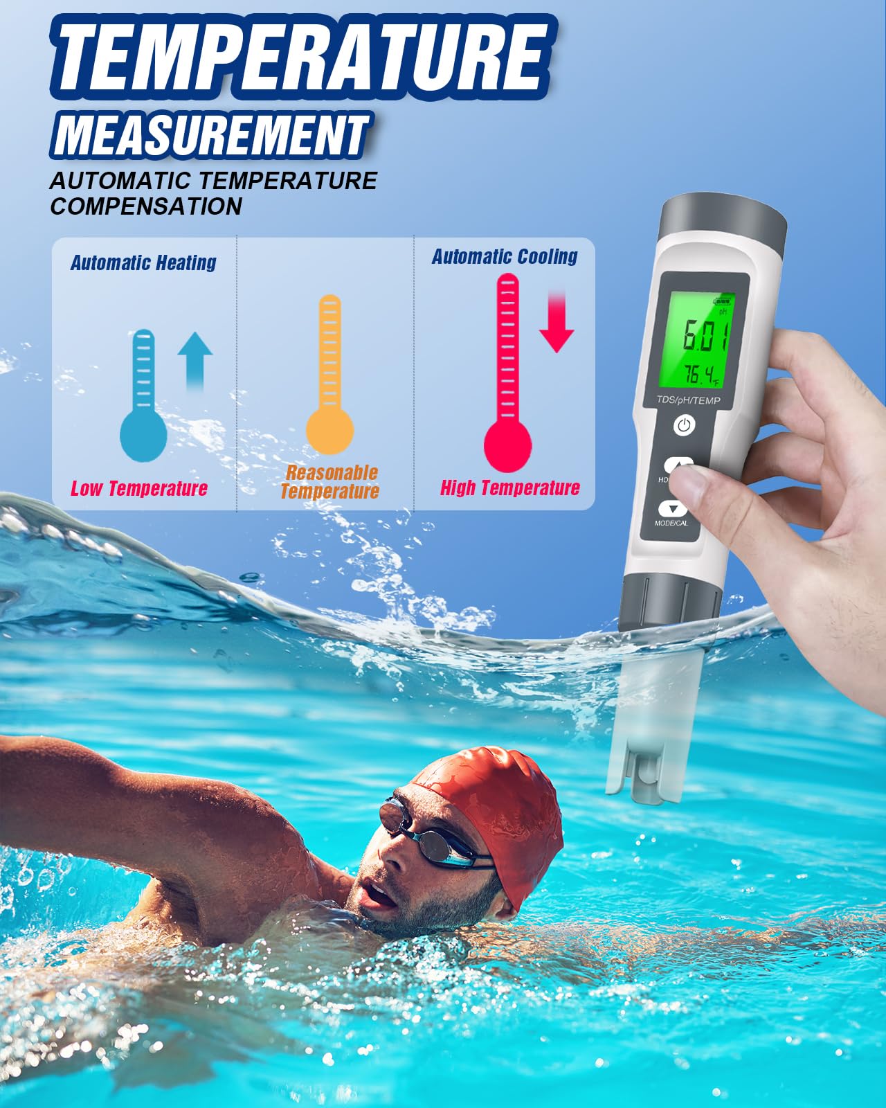 TDS/pH/Temperature 3-in-1 pH Meter for Water, 0-14 pH Measurement Range Digital pH Meter, 0.01 High Precision Water Quality Digital pH Tester with ATC, pH TDS Water Test Meter for Drinking Water