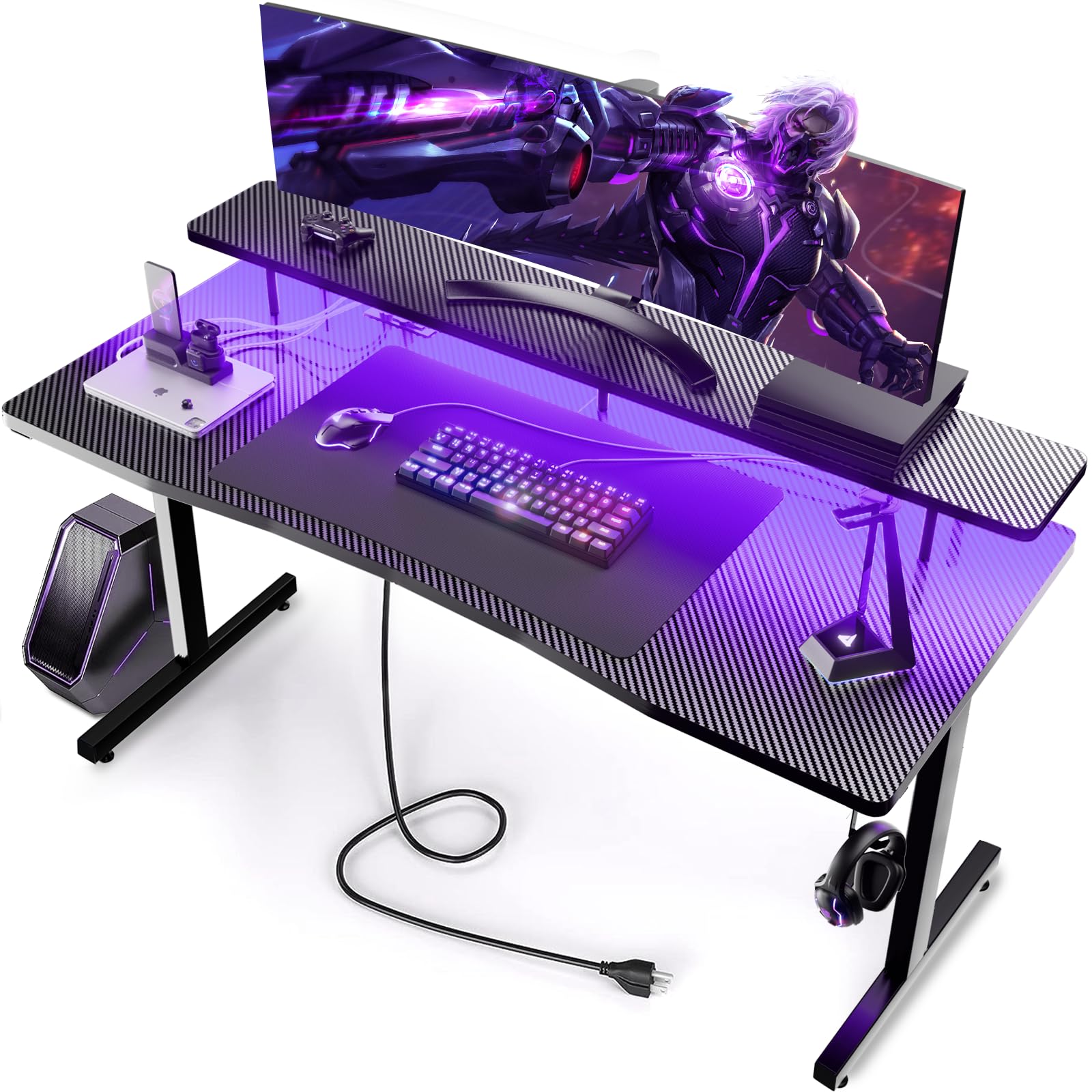 GTRACING 55 Inch Gaming Desk with LED Lights, Computer Gamer Desk with Monitor Stand, Ergonomic Carbon Fiber Surface Gaming Table with Mouse Pad for Home Office, RGB