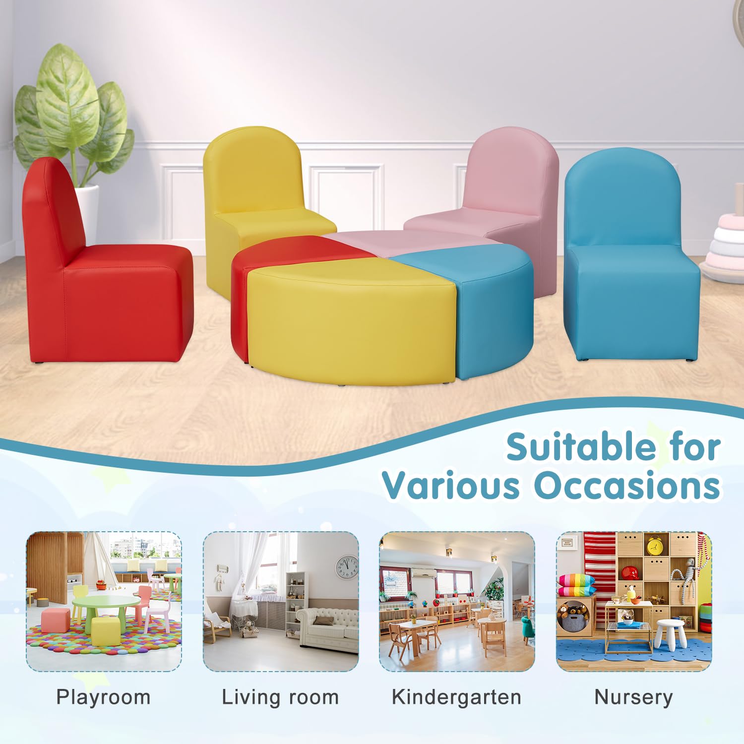 JSUN7 Kids Couch Daycare Furniture - 8 Pieces Kids Modular Flexible Seating Set with Colorful Chairs and Stools, Kids Sofa Set Leather Couch for Toddler, Playroom Preschool Classroom Home