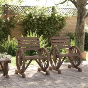 vidaXL Patio Chairs Set of 2 - Solid Wood Fir with Wagon Wheel Armrests - Assembly Required for Garden, Terrace, Outdoor Seating in Burnt Wood Finish