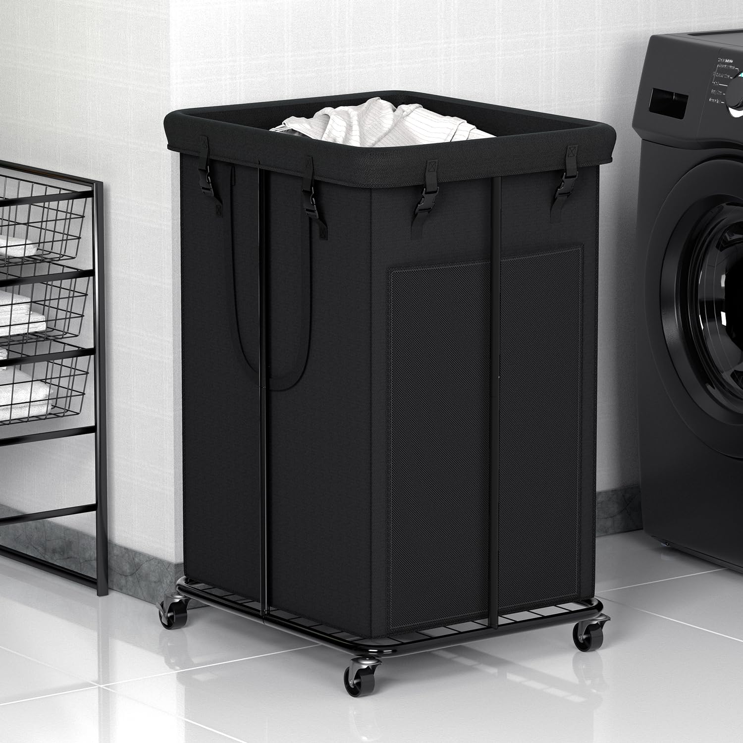 YKDIRECT 150L Laundry Basket Laundry Hamper with Wheels, Metal & Oxford Fabric Laundry Clothes Hamper, Suitable for Bedroom, Bathroom, Dorm Room, Laundry Room (Dark Black, 150L)