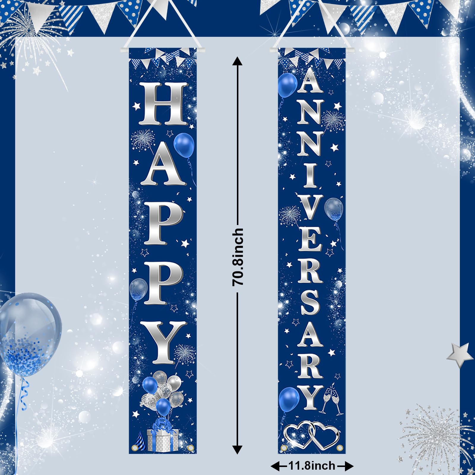 Avezano Happy Anniversary Door Banner Navy Blue Silver Anniversary Porch Signs Welcome Hanging Banner for Wedding Anniversary Party Decorations