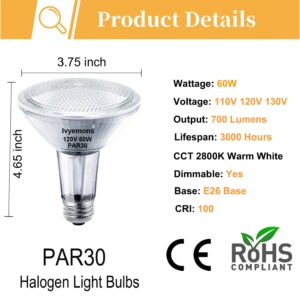 Ivyemons PAR30 Long Neck Halogen 60W 120V - 6 Pack PAR30 Flood Light Bulbs E26 Base, 60W PAR30 Dimmable 2800K Warm White, Long Lasting PAR30 Halogen Bulb for Tracking Light, Recessed Light