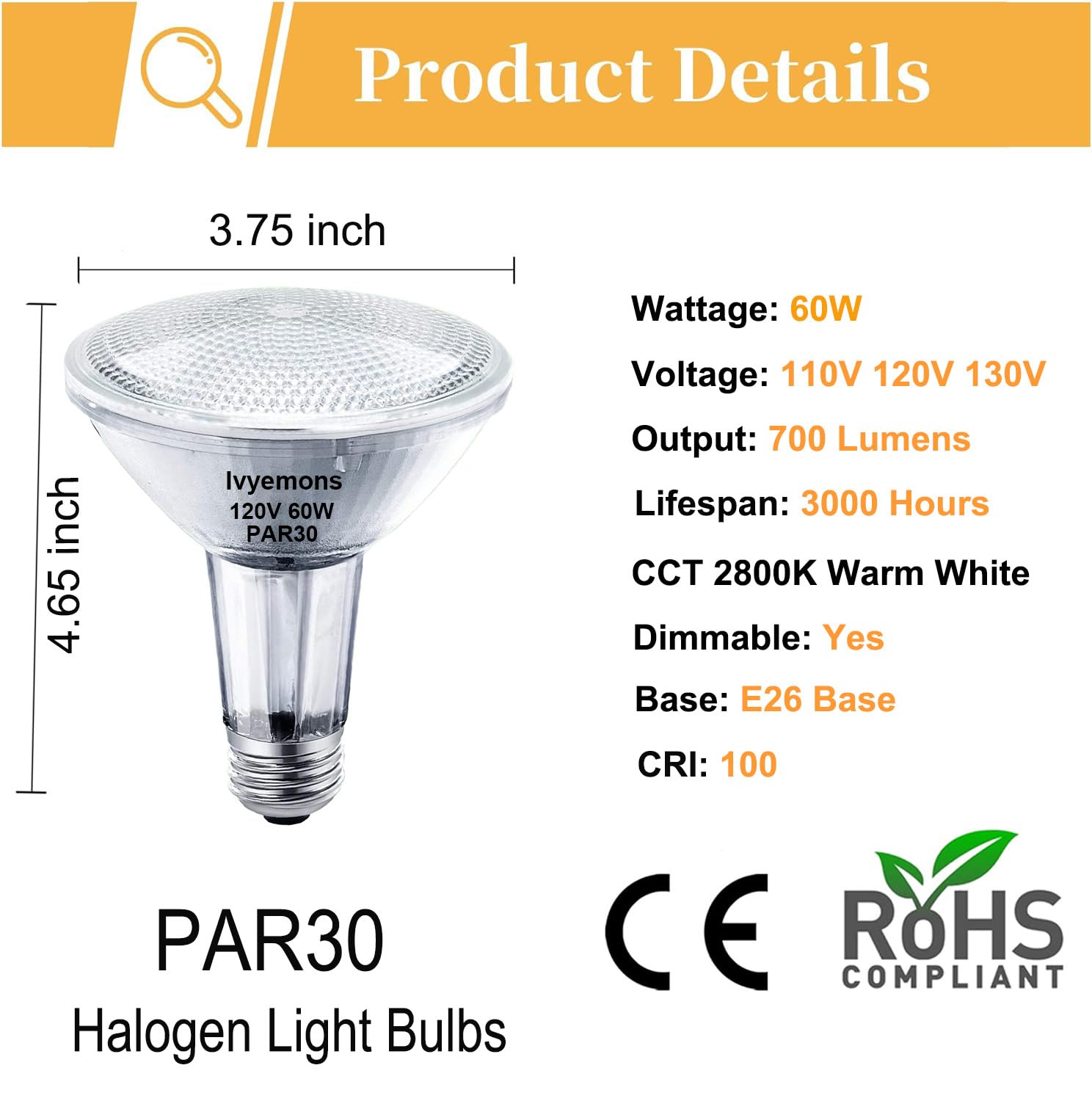 Ivyemons PAR30 Long Neck Halogen 60W 120V - 6 Pack PAR30 Flood Light Bulbs E26 Base, 60W PAR30 Dimmable 2800K Warm White, Long Lasting PAR30 Halogen Bulb for Tracking Light, Recessed Light