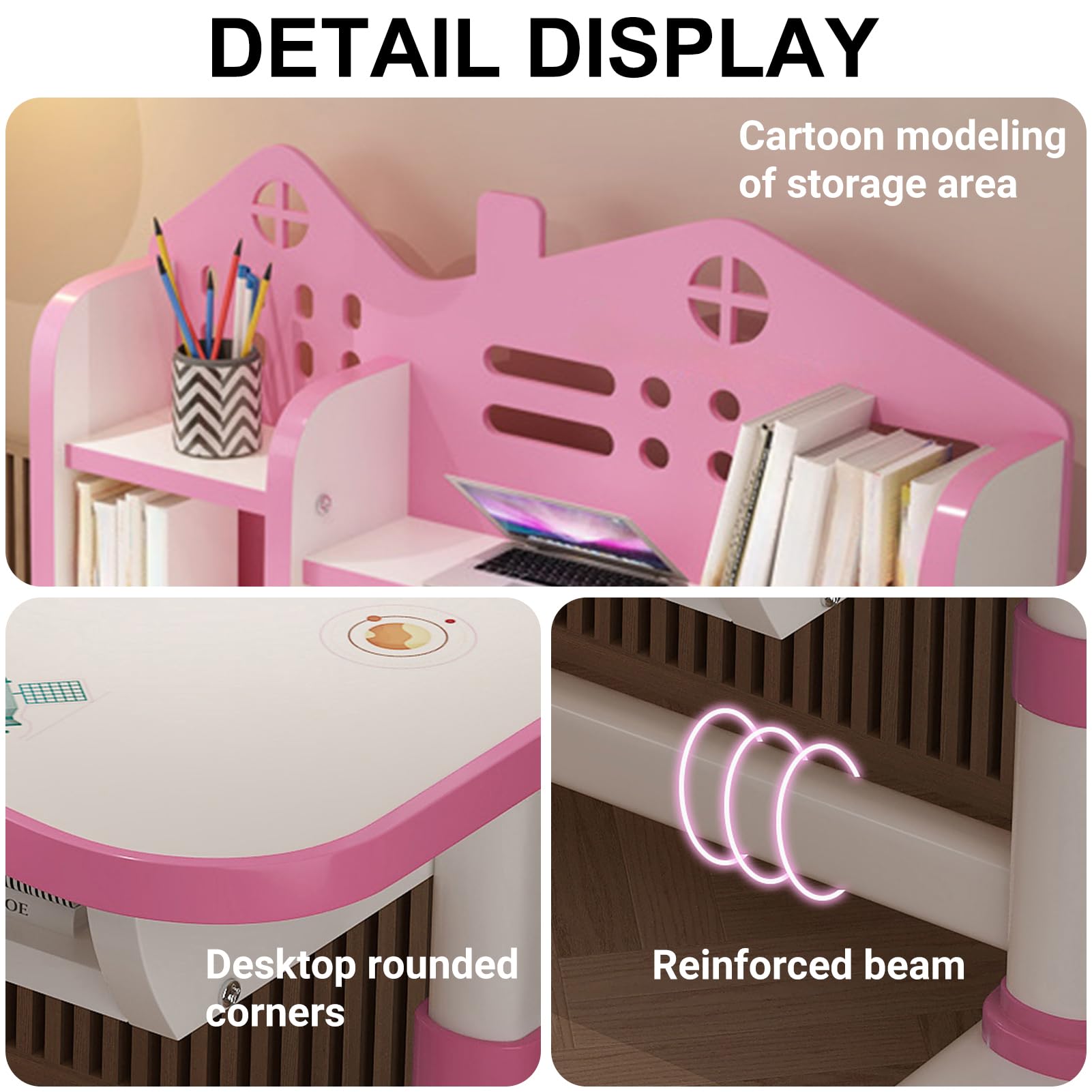 Kids Adjustable Study Desk & Chair Set, Pink Girl Desk, Child Toddler Homework Table, Princess Children Preschool Desk for Writing Homework w/Drawers, Bookshelf, Escritorio Mesas para Niña (Pink2)