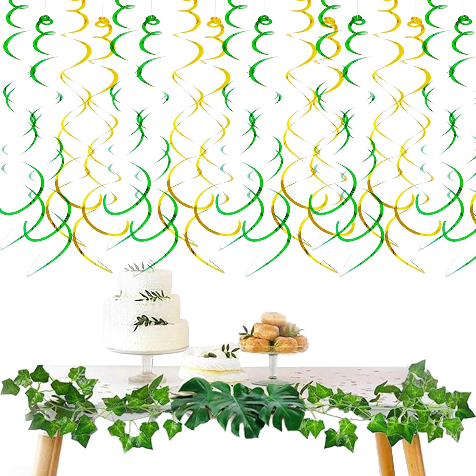 Green Gold Party Decorations Hanging Swirls, 36PCS Plastic Ceiling Streamers Foil Dual Spirls Hanging Decors for Birthday, Bridal Shower, New Years Party, St Patricks Day(Gold+Green)