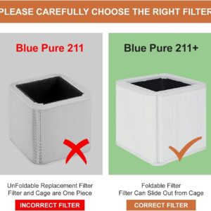 211+ Replacement Filter Compatible with Blueair Blue Pure 211+ Air Cleaner Purifier, H13 Hepa Foldable Filter and Activated Carbon Replacement Filter 2 Pack