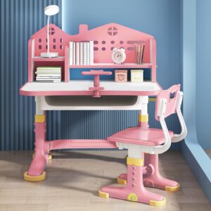 Kids Adjustable Study Desk & Chair Set, Pink Girl Desk, Child Toddler Homework Table, Princess Children Preschool Desk for Writing Homework w/Drawers, Bookshelf, Escritorio Mesas para Niña (Pink1)