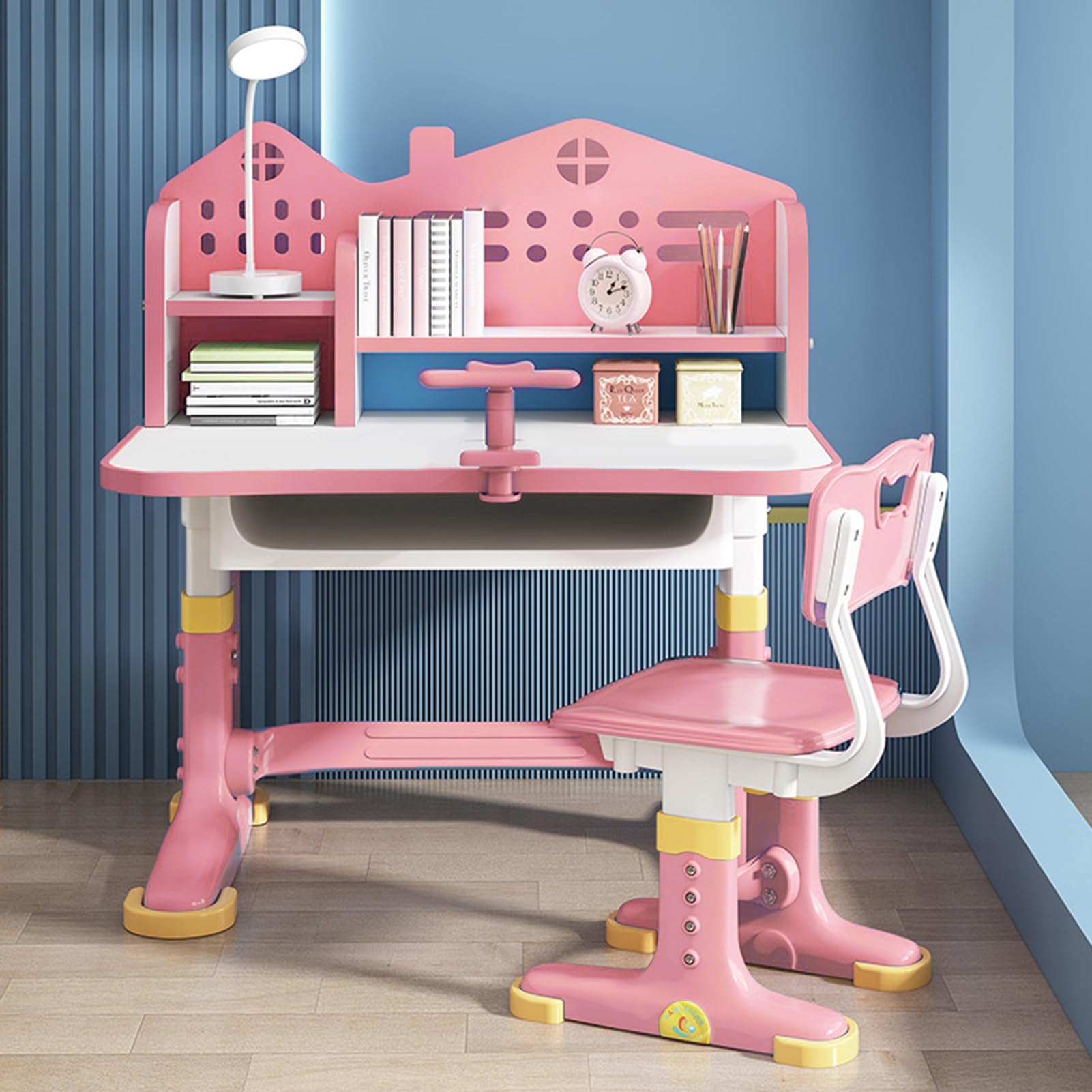 Kids Adjustable Study Desk & Chair Set, Pink Girl Desk, Child Toddler Homework Table, Princess Children Preschool Desk for Writing Homework w/Drawers, Bookshelf, Escritorio Mesas para Niña (Pink1)