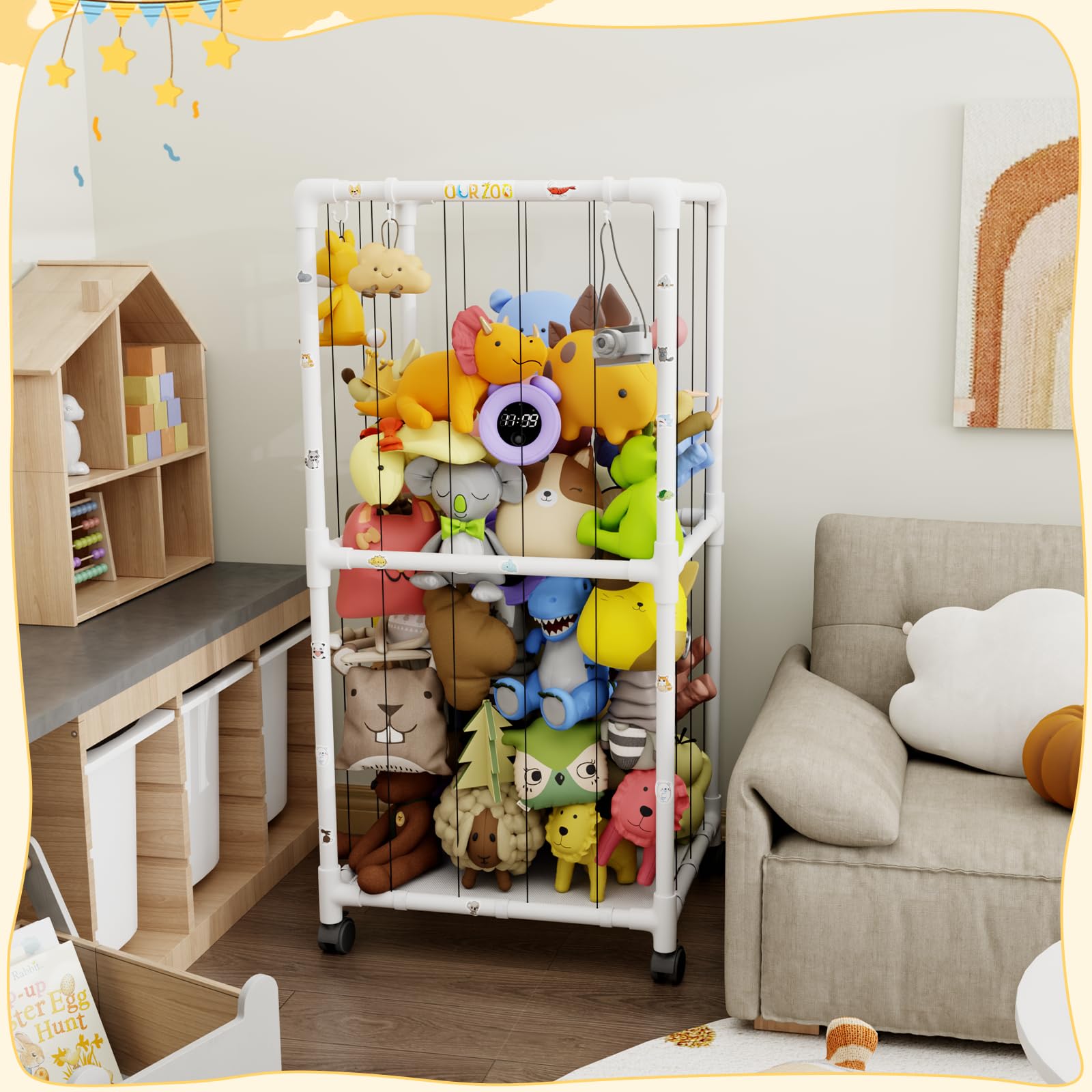 HAIDAIYA Extra Large Stuffed Animal Zoo Cage with Wheel, Stuffed Animal Storage Shelves Display, Plush Animal Storage Holder for Stuffed Animals, Playroom, Bedroom, Nursery, Kids Toy Storage Organizer