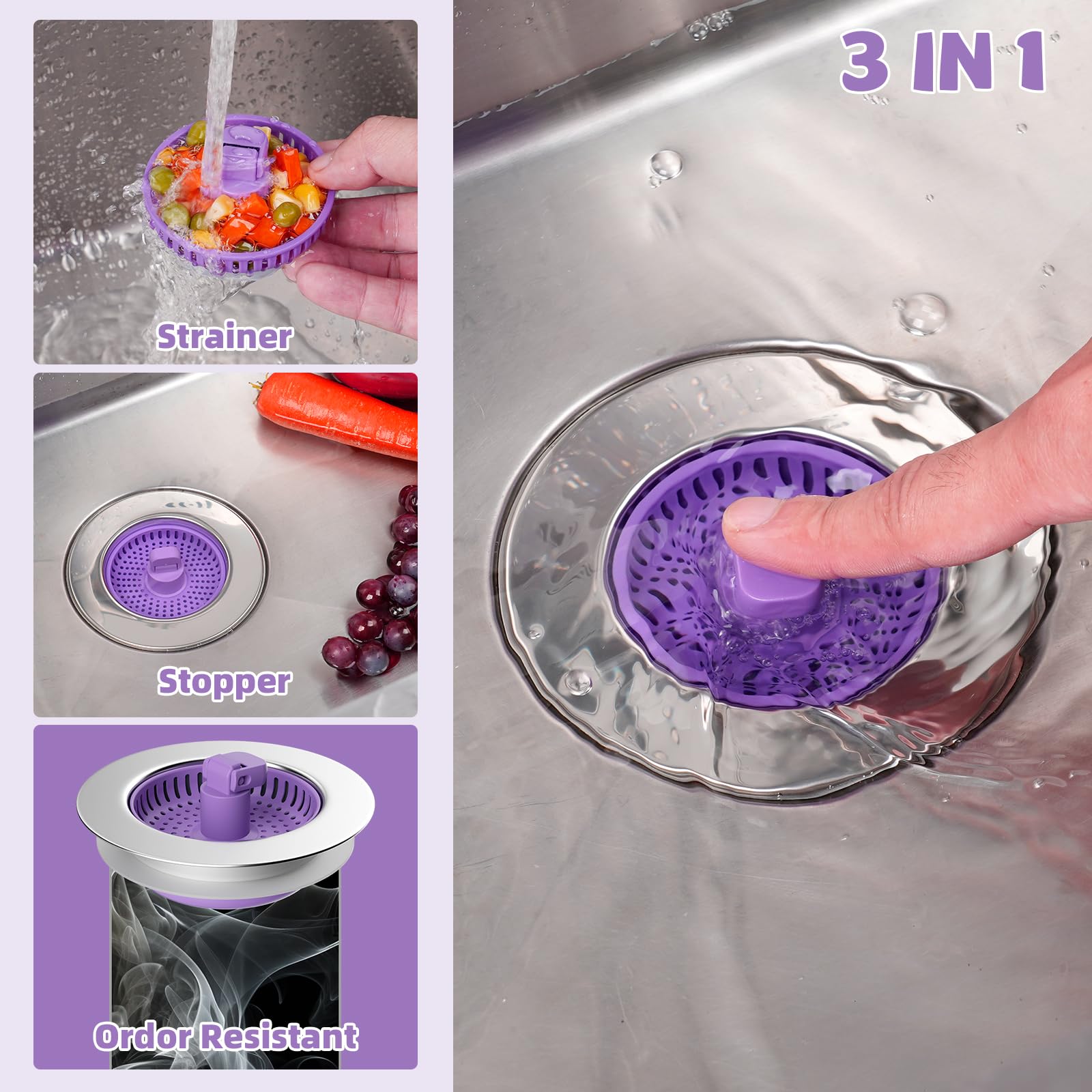 Hibbent Universal 3 in 1 Kitchen Sink Drain Strainer with Sink Stopper, Chrome Stainless Steel Wraped Shell, Anti-Clogging Basket Strainer, Foldable Handle, Fit for US Standard 3-1/2" Drain, Purple