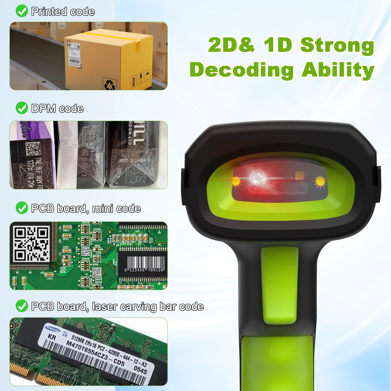 Alacrity Upgraded 2D Wireless Industrial Barcode Scanner with Wireless Charging Base,Bluetooth & 433MHz Wireless 2-in-1 1968ft Transmission Distance,Auto-scanning Available,Working on DPM Code